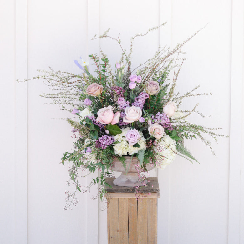 purple flower arrangement - local bouquet by seascape flowers