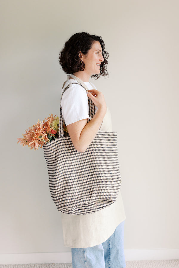 striped farmers market tote with flowers