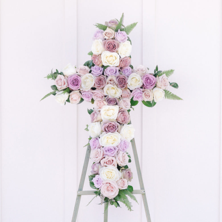 roses on cross easel arrangement for funeral, sympathy flowers