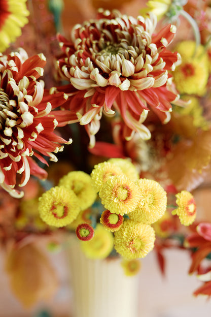 details of red + yellow fall centerpiece - order flowers for delivery in santa cruz, watsonville, aptos ca